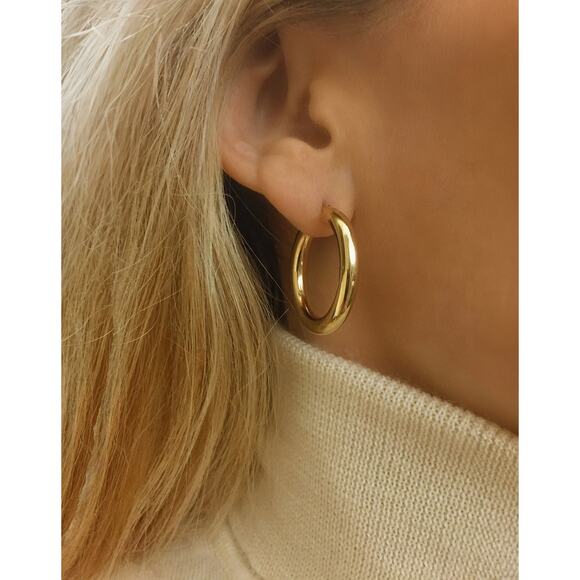 Thick Gold Tube Hoops, Real 10K Yellow Gold 4mm Chunky Earrings Stamp 10K Italy - Picture 2 of 4